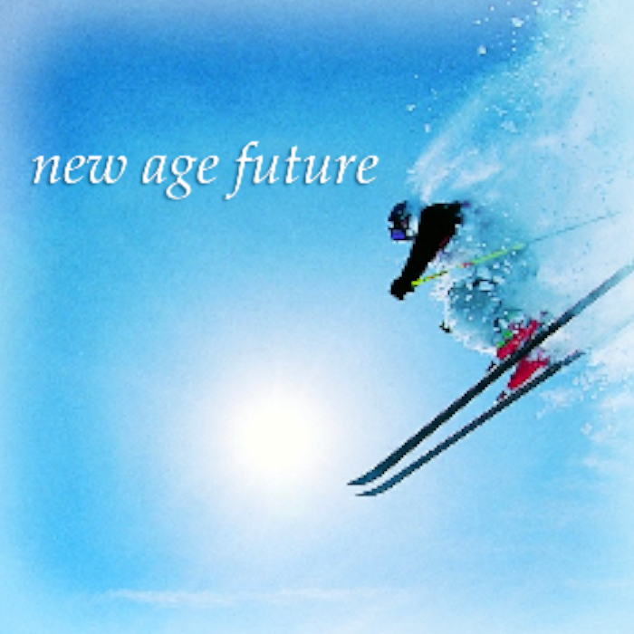 A skiier flying through the snow. It says new age future in the top left corner.