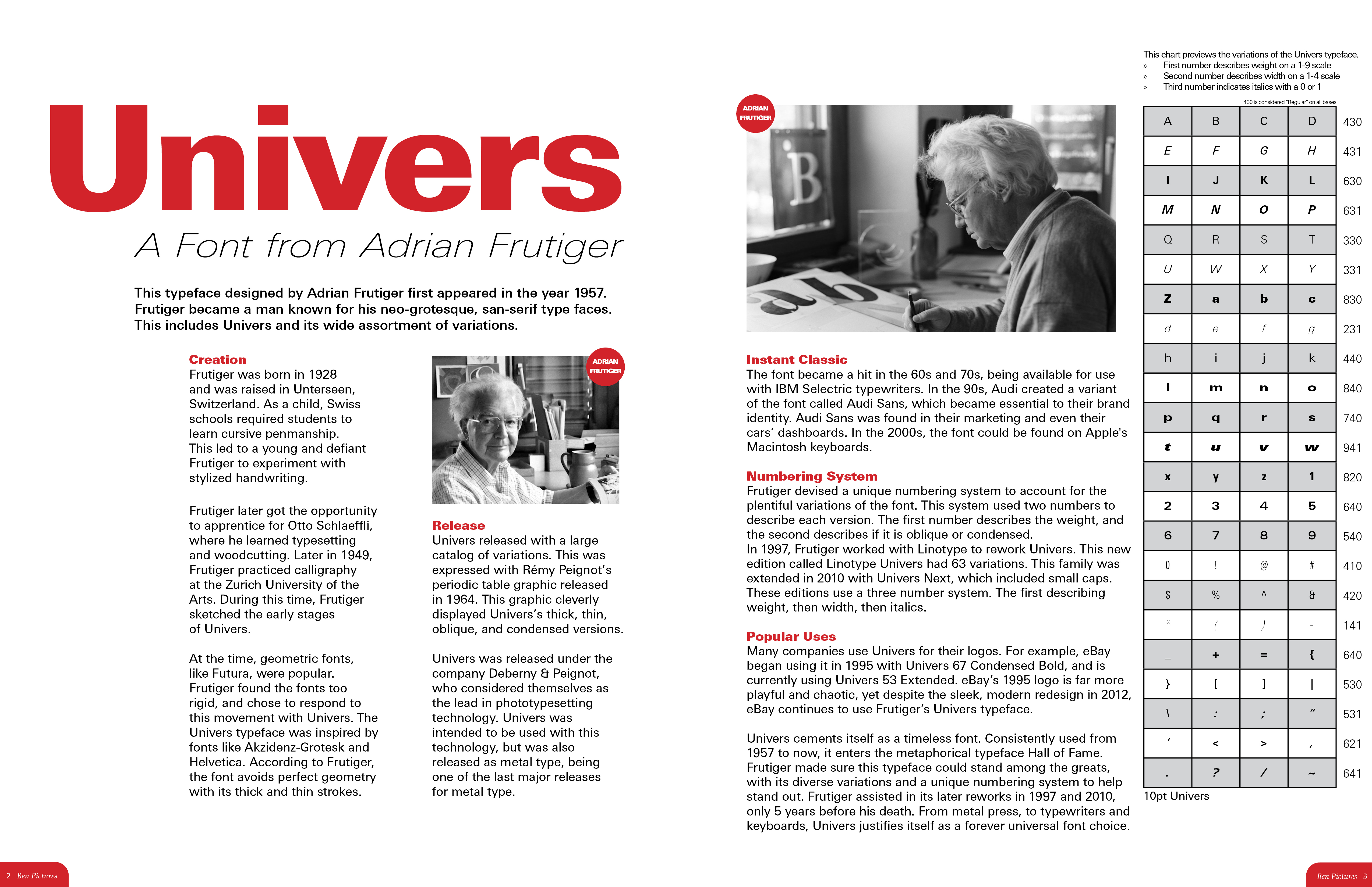 A magazine spread explaing the Univers font and Adrian Frutiger