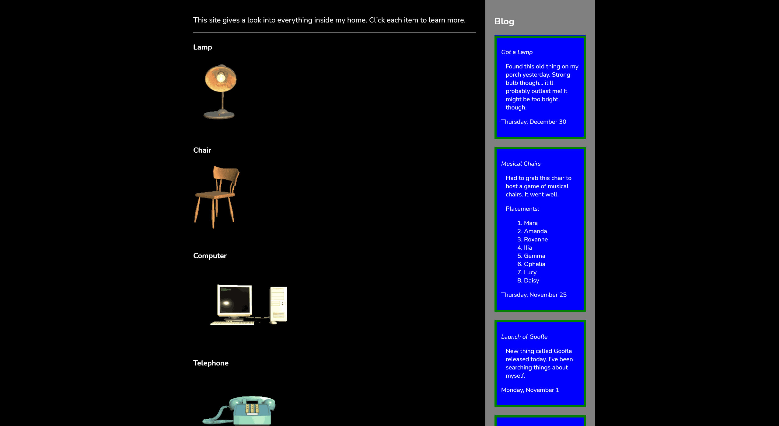 A website landing page showing various items