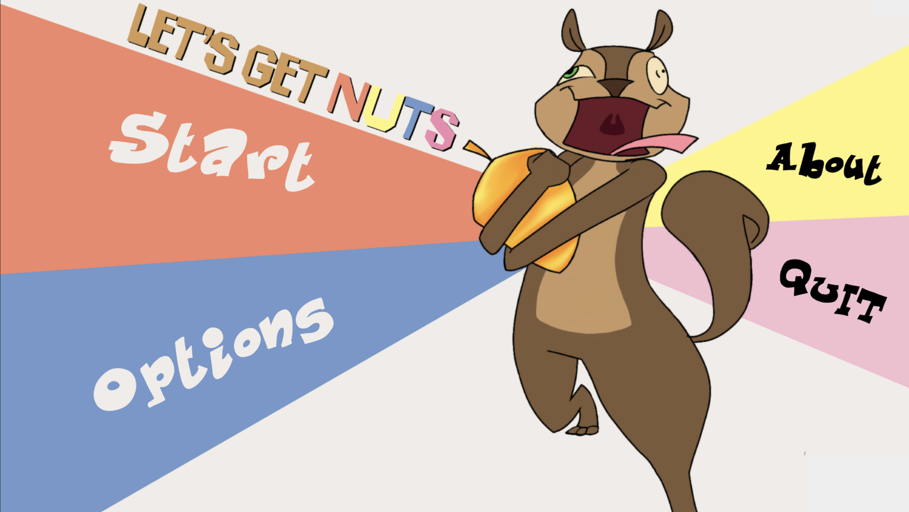 The game's title screen featuring 4 colorful buttons and a squirrel carrying a golden acorn