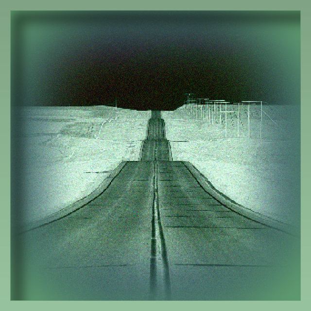 A long hilly road covered in a green noisy alien glow.